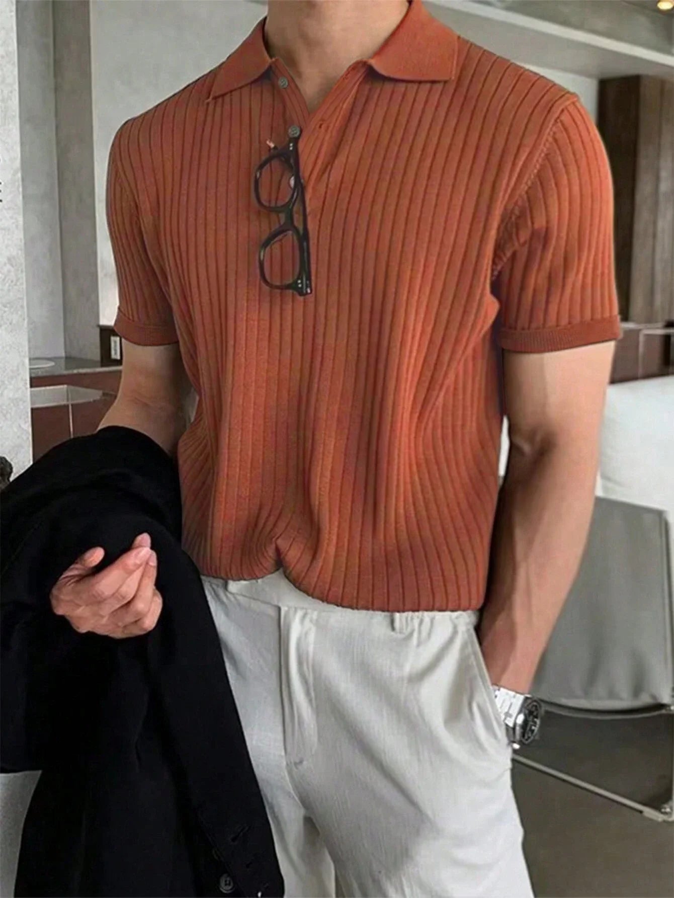 Manfinity Homme Solid Ribbed Knit Shirt